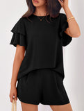Crew Neck Top Shorts Casual Two Piece Set