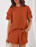 Crew Neck Top Shorts Casual Two Piece Set