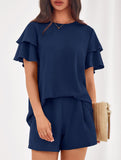 Crew Neck Top Shorts Casual Two Piece Set