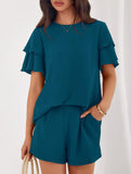 Crew Neck Top Shorts Casual Two Piece Set