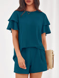 Crew Neck Top Shorts Casual Two Piece Set