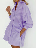 Jacquard Puff Sleeve Shirt Shorts Set_CWSTB01027