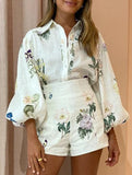 High-waisted shorts shirt linen printed temperament suit
