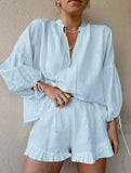 COTTON LINEN V-NECK LANTERN SLEEVE SHORTS SUIT