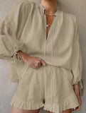 COTTON LINEN V-NECK LANTERN SLEEVE SHORTS SUIT
