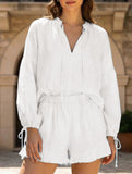 COTTON LINEN V-NECK LANTERN SLEEVE SHORTS SUIT