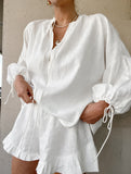 COTTON LINEN V-NECK LANTERN SLEEVE SHORTS SUIT