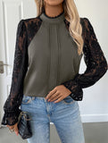 Lace patchwork round neck long sleeve shirt