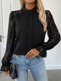 Lace patchwork round neck long sleeve shirt