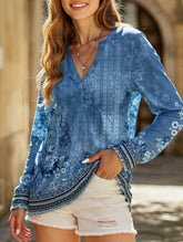 Casual V-neck long-sleeved printed shirt