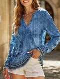 Casual V-neck long-sleeved printed shirt