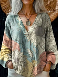 Printed casual V-neck long-sleeved pullover shirt
