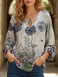 Printed casual V-neck long-sleeved pullover shirt