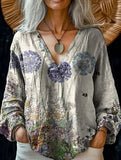 Printed casual V-neck long-sleeved pullover shirt