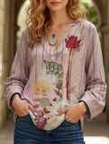 Printed casual V-neck long-sleeved pullover shirt