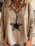 zippered v-neck long-sleeved pullover loose shirt