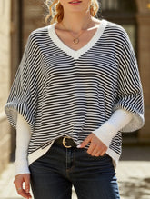 Striped V-neck batwing sleeves sweater