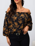 Off-the-shoulder floral boat neck shirt