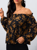 Off-the-shoulder floral boat neck shirt