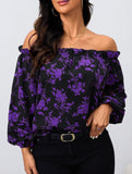 Off-the-shoulder floral boat neck shirt