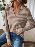 V-neck loose-fitting long-sleeved T-shirt top