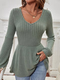 Balloon Sleeve Rib-Knit Ruffle T-Shirt