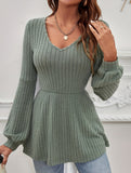 Balloon Sleeve Rib-Knit Ruffle T-Shirt