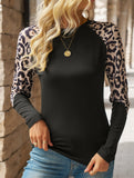 Long-sleeved crew neck leopard print top