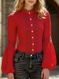 Lace-paneled long-sleeved stand-up collar shirt