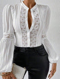 Lace-paneled long-sleeved stand-up collar shirt