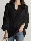 Long-sleeved V-neck shirt with drawstring waist