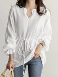 Long-sleeved V-neck shirt with drawstring waist