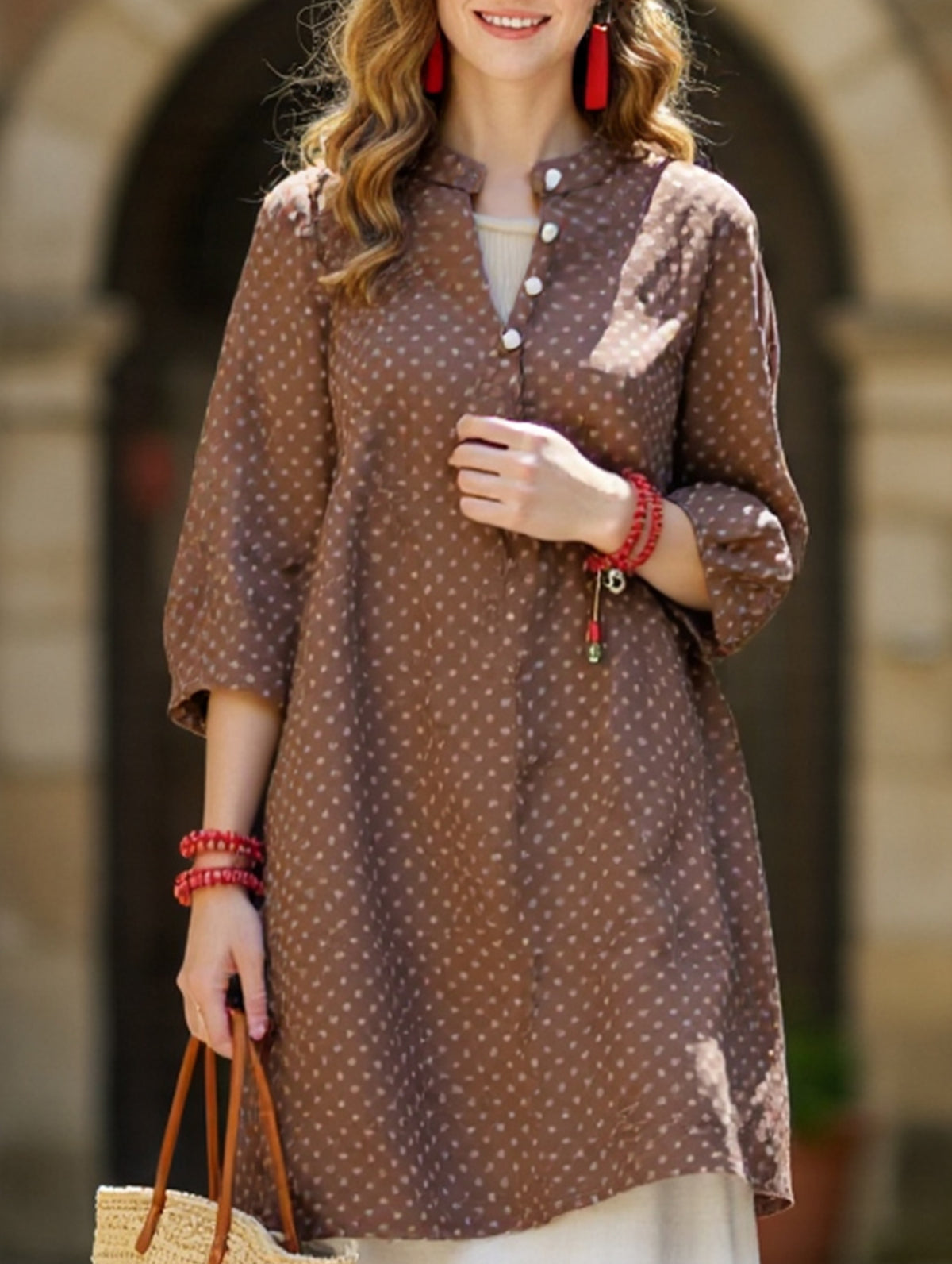 Retro Polka Dot Casual Loose Midi Shirt