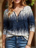 Printed long-sleeved zip-up V-neck T-shirt