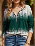 Printed long-sleeved zip-up V-neck T-shirt