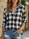 V-neck lapel loose-fitting women's plaid shirt