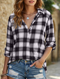 V-neck lapel loose-fitting women's plaid shirt