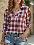 V-neck lapel loose-fitting women's plaid shirt