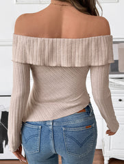 Long-sleeved boat neckline irregular hem T-shirt