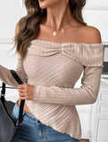 Long-sleeved boat neckline irregular hem T-shirt