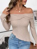 Long-sleeved boat neckline irregular hem T-shirt