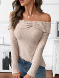 Long-sleeved boat neckline irregular hem T-shirt