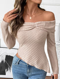 Long-sleeved boat neckline irregular hem T-shirt