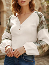 Plaid paneled round neck pullover sweatshirt