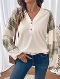 Plaid paneled round neck pullover sweatshirt