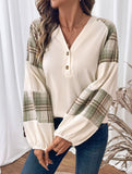 Plaid paneled round neck pullover sweatshirt
