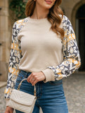 Retro patchwork long-sleeved crew neck top