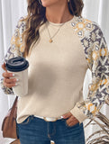 Retro patchwork long-sleeved crew neck top