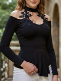 Cutout Off-the-Shoulder Applique Slim-Fit Top