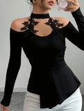 Cutout Off-the-Shoulder Applique Slim-Fit Top